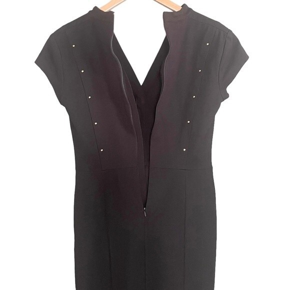 Y2K Cache Bodycon Dress Black Ponte Knit Fitted Gold Stud Studded Sheath Size 6 - Picture 5 of 10